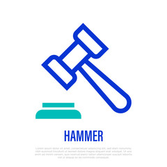 Judge's hammer thin line icon. Symbol of judgement. Vector illustration of gavel.