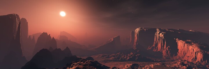 Panorama of an alien landscape at sunset, the surface of Mars in the sun, 3D rendering. © ustas