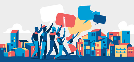 Obraz premium People protesting on demostration or picket in the city streets. Youth crowd against violence, pollution, discrimination, human rights violation. Blank speech bubbles - Vector illustration