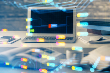 Technology theme drawing and table with computer. Multi exposure. Concept of information.