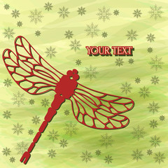 Red dragonfly on the background of snowflakes