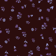 A seamless vector pattern with dark ditsy floral in purple colors. Feminine surface print design.