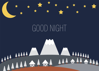Frame of trees,  houses, moon, stars and mountains. Vector illustration, Good Night