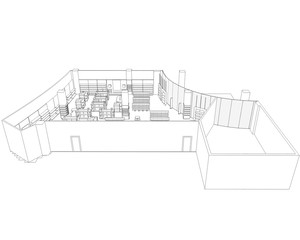 shopping mall, contour visualization, 3D illustration, sketch, outline