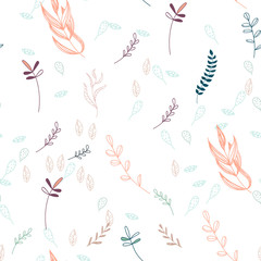 Trendy outline native foliage and leaves seamless pattern. Small and medium elements paradise flora leaves.Vector illustration.