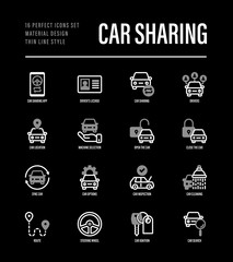 Car sharing set. Mobile app on smartphone, driver license, toute, key, car inspection, route, open and close car, sync thin line icons. Vector illustration.