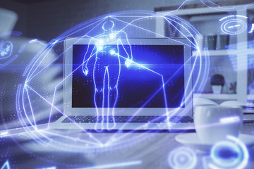 Desktop computer background and education theme drawing. Double exposure. Study concept.