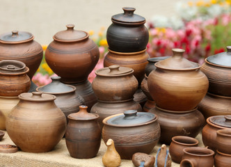 Pottery on the counter in the market