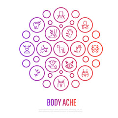 Body ache concept in circle shape. Thin line icons: toothache, heart attack, headache, joint pain, arthritis, osteoporosis, stomachache, menstrual pain. Vector illustration.