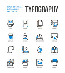 Typography, polygraphy thin line icons set. Printing, scanning, flexography, offset, roll paper, color palette, lamination, heat transfer printing, embossing. Vector illustration.