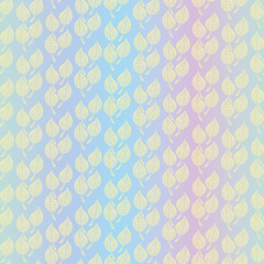 A seamless vecctor pattern with vertical leaves stripes on a pastel rainbow background. Girly surface print design. Great or fabrics, cards, invitations and wrapping paper.