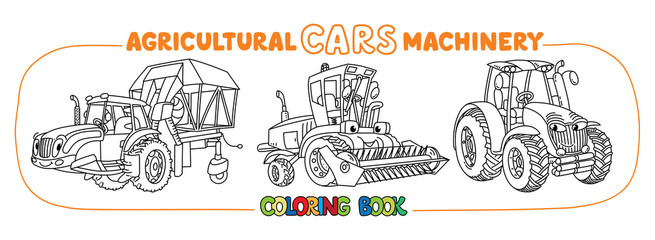 Funny cars coloring book set. Agricultural machinery