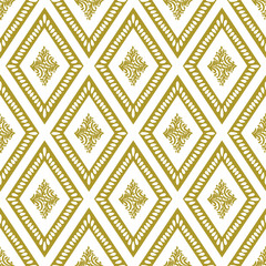 A seamless vector pattern with golden diamond shapes with leaves in the middle. Light and luxurious surface print design. Great for backgrounds, gift wrap, stationery, wedding cards and invitations.