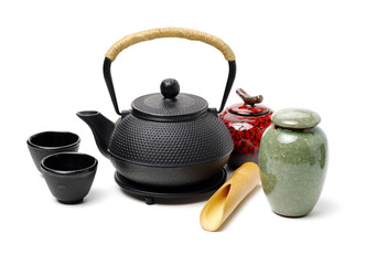 Closeup of tea set on white background