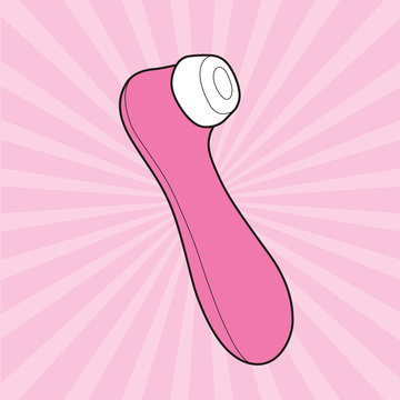 Drawing of the most famous dildo for women. Clitoris sucker with pink flash background.