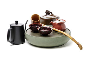 Closeup of tea set on white background