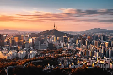 Foto op Plexiglas Seoel De skyline van de binnenstad van Seoul in Seoel, Zuid-Korea.