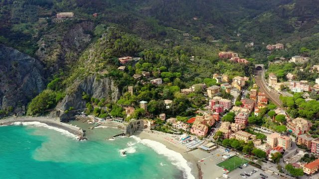 Monterosso is a village in the province of La Spezia, which is part of the Liguria region (northern Italy). It is one of the five Cinque Terre villages. aerial view with a drone and travel concept