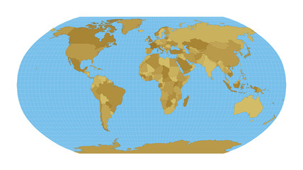 World Map. Robinson projection. Map of the world with meridians on blue background. Vector illustration.
