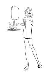Girl after a shower in the bathroom, in front of a mirror with cosmetics, face and body care, fashion illustration, raster copy