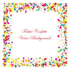 Festive colorful rectangle confetti background. Square frame vector texture for holidays, postcards, posters, websites, carnivals, birthday and children's parties. Cover mock-up.