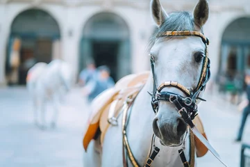 Zelfklevend Fotobehang Portret van de wereldberoemde Lipizzaner Stallion legendarische White Stallions paard voor de show. Spaanse Rijschool in Wenen © Igor Tichonow