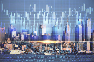 Forex graph on city view with skyscrapers background double exposure. Financial analysis concept.