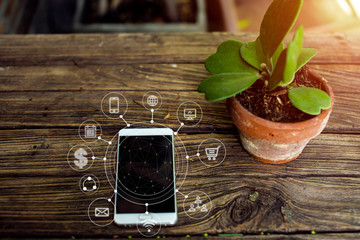 women using mobile payments online shopping and icon customer network connection.