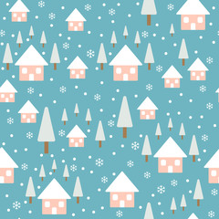 Winter seamless background. Houses, trees and snowflakes