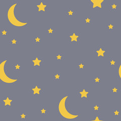 Crescent moon and stars, seamless pattern