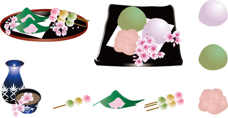 桜のお花見に桜餅や桜のお団子と三色串団子に江戸切子のおちょこととっくりのイラストセット素材