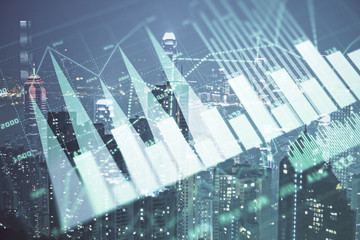 Double exposure of forex chart drawings over cityscape background. Concept of success.