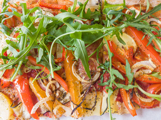 Slice of Pizza with vegetables peperoni tomato herbs italian food tomatoes