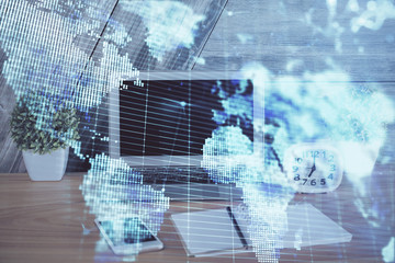 Multi exposure of business theme icons and work space with computer background. Concept of success.