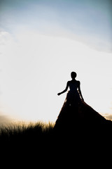 Wide shot of a fairytale princess dark silhouette against a clear sky with a sunrise of a female in a ballgown or wedding dress.