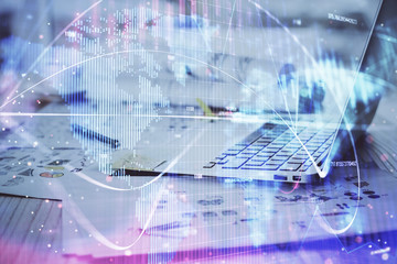 Multi exposure of business theme icons and work space with computer background. Concept of success.