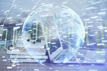 Multi exposure of business theme icons and work space with computer background. Concept of success.