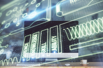 Desktop computer background and education theme drawing. Double exposure. Study concept.