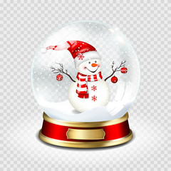 Realistic transparent snow globe with snowman, isolated.