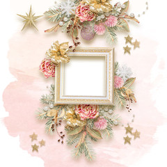 Winter frame for photo in scrapbook style. Winter album of memories. Beautiful Christmas frame for photos. New Year time. Christmas mood. Snow border on gentle pink background with golden accents