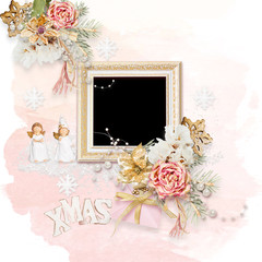 Winter frame for photo in scrapbook style. Winter album of memories. Beautiful Christmas frame for photos. New Year time. Christmas mood. Snow border on gentle pink background with golden accents