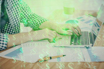 Multi exposure of stock market chart with man working on computer on background. Concept of financial analysis.