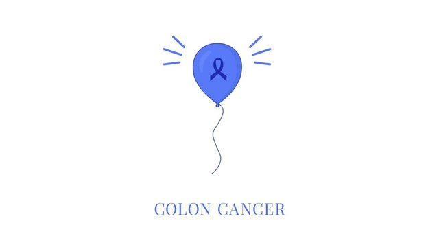 Colon cancer awareness animation. Blue floating helium air balloon. Rectum disease medical concept. Seamless loop cartoon motion graphics. 