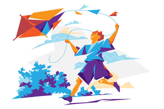 Happy boy running with kite - Vector illustration