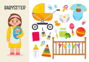 Vector character veterinarian. Illustrations of babysitter  equipment. Set of cartoon professions.