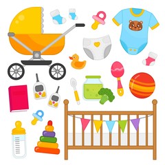 Vector set of baby supplies. Toys, clothes and furniture for the baby.