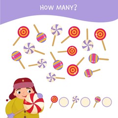 Counting educational children game, math kids activity sheet. How many objects task. Cartoon cute boy with lollipop.