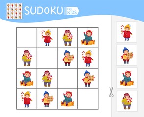 Fototapeta na wymiar Sudoku game for children with pictures. Kids activity sheet. Cartoon cute child with sweets.