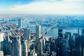 Fototapeta premium Amazing panorama view on New York City skyline and Brooklyn Bridge with East River from the top observation platform