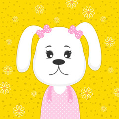 Greeting card cute cartoon little dog puppy on yellow background.